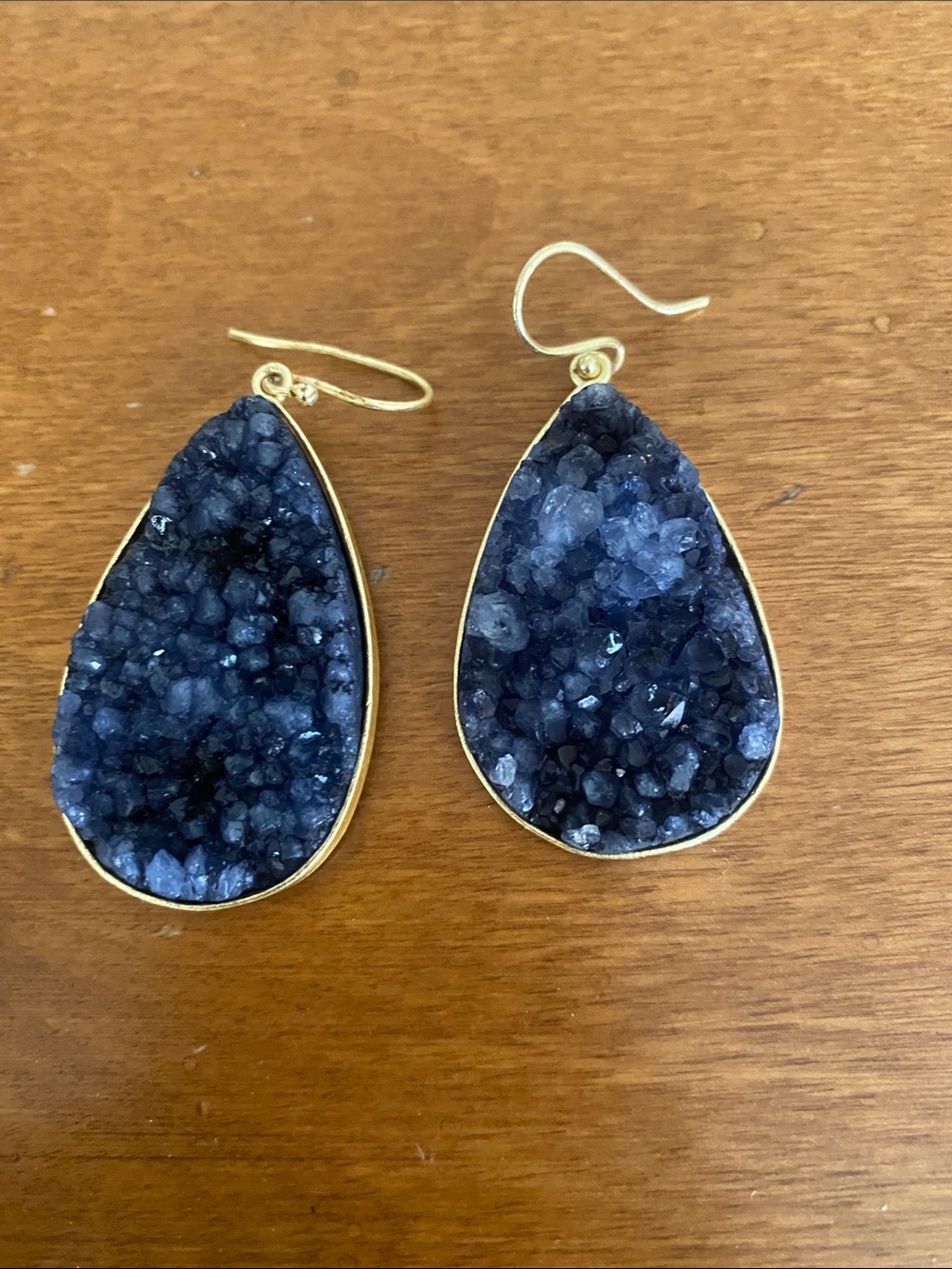 Gold-Trim Dark Blue Druzy Teardrop Earrings